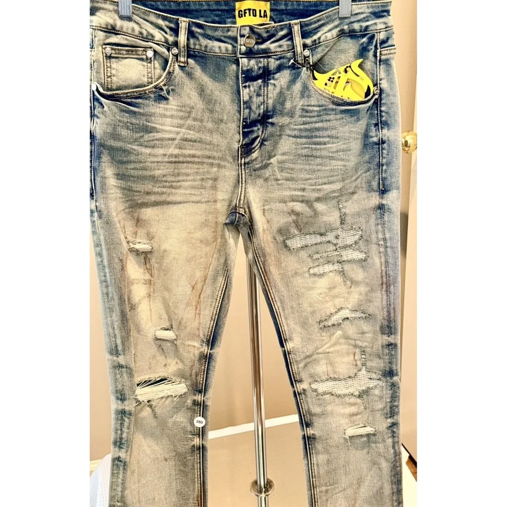 GFTD LA Men's Skinny Fit Button Fly Distressed Denim SAMPLE Jeans Size 34x32